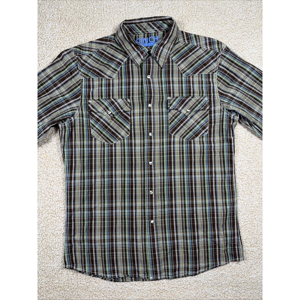 Cinch Pearl Snap Buttons Western Shirt Men's M Modern Fit Green Plaid Rodeo